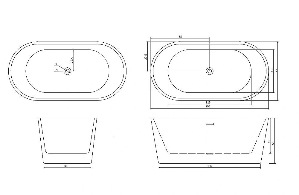 Ванна акриловая CeruttiSpa RESIA 10519 170x75 белая купить в интернет-магазине Sanbest