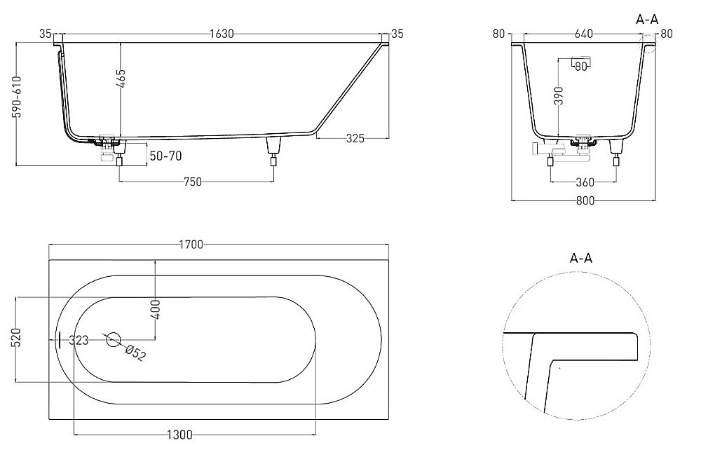 Ванна Salini Ornella KIT S-Sense 170х80 102414GF RAL купить в интернет-магазине Sanbest