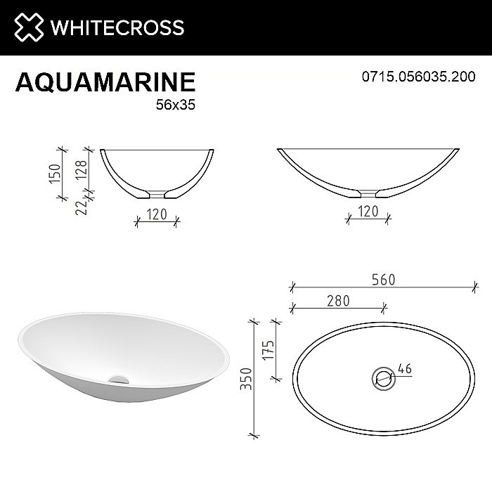 Раковина накладная WhiteCross AQUAMARINE 56 0715.056035.200 белая матовая купить в интернет-магазине Sanbest