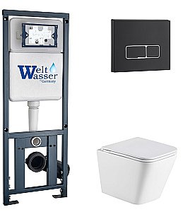 Унитаз подвесной WeltWasser MARBERG 410 + GELBACH 043 MT-WT + MAR 410 SE MT-BL белый матовый, безободковый, с крышкой микролифт, слив-торнадо, с инсталляцией и черной матовой кнопкой купить в интернет-магазине Sanbest