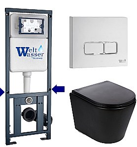 Унитаз подвесной WeltWasser MARBERG 410 + SALZBACH 043 MT-BL + MAR 410 SE GL-WT черный матовый, безободковый, с крышкой микролифт, слив торнадо, с инсталляцией и белой глянцевой кнопкой купить в интернет-магазине Sanbest