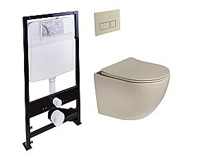 Унитаз подвесной с инсталляцией SantiLine SL-5005T-BG+SL-01/BG бежевый матовый/кнопка бежевая матовая, безободковый, с крышкой микролифт, слив торнадо купить в интернет-магазине Sanbest