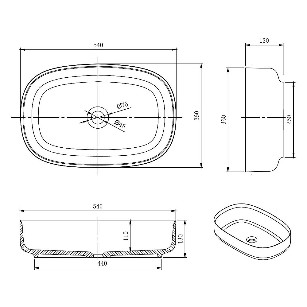 Раковина накладная Montebianco CONCA 12020 белая матовая купить в интернет-магазине Sanbest
