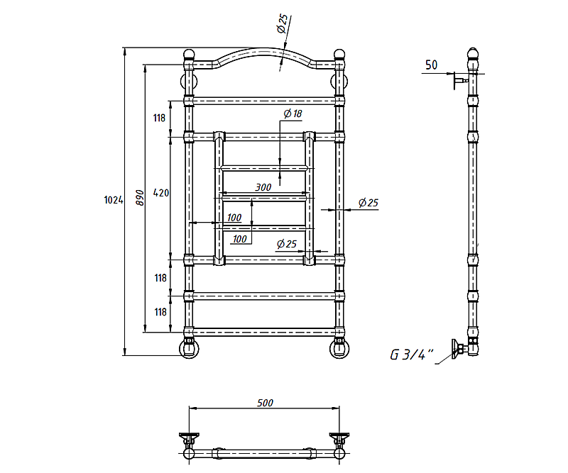 Полотенцесушитель водяной Bronze de Luxe Омега 1000х500 хром купить в интернет-магазине сантехники Sanbest
