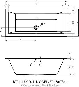 Ванна акриловая Riho LUGO 170x75 PLUG & PLAY купить в интернет-магазине Sanbest