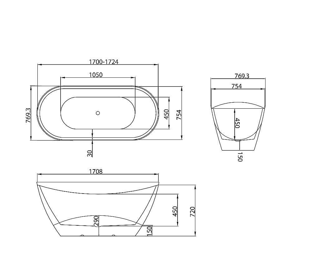 Ванна акриловая Grossman Galaxy GR-2104M 170x75 белая матовая купить в интернет-магазине Sanbest