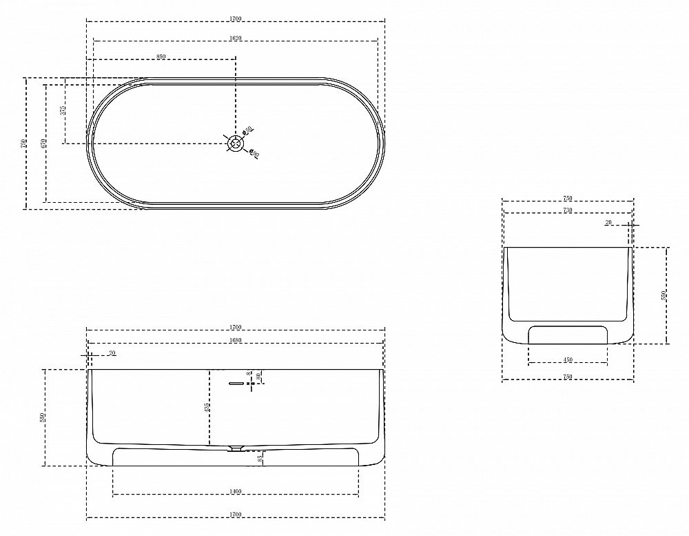 Ванна из искусственного камня ABBER Stein AS9607 170х75 белая матовая купить в интернет-магазине Sanbest