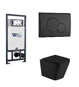 Унитаз с инсталляцией WeltWasser MARBERG 507+GELBACH 043 GL-BL+MAR 507 RD MT-BL черный/кнопка черная матовая, безободковый, с крышкой микролифт, слив торнадо купить в интернет-магазине Sanbest
