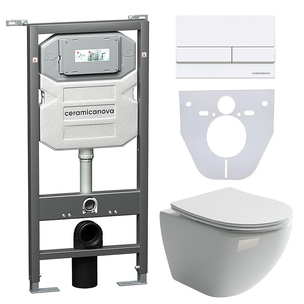 Унитаз подвесной Ceramica Nova Metropol CN4002_1002W_1000  безободковый, с крышкой микролифт, с инсталляцией и белой кнопкой купить в интернет-магазине Sanbest