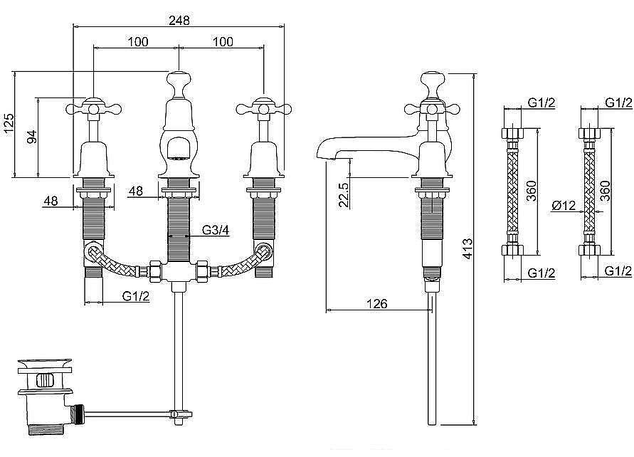 Смеситель для раковины Burlington CL12-QT BLA хром/ручки черные купить в интернет-магазине сантехники Sanbest