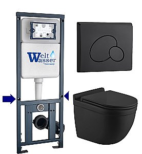 Унитаз подвесной WeltWasser MARBERG 410 + HEIMBACH 043 MT-BL + MAR 410 RD MT-BL черный матовый, безободковый, с крышкой микролифт, слив-торнадо, с инсталляцией и черной матовой кнопкой купить в интернет-магазине Sanbest