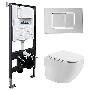 Унитаз подвесной Abber Bequem AC1100T-AC0105-AC0120 белый, безободковый, с инсталляцией, с крышкой микролифт, слив-торнадо, с кнопкой хром купить в интернет-магазине Sanbest