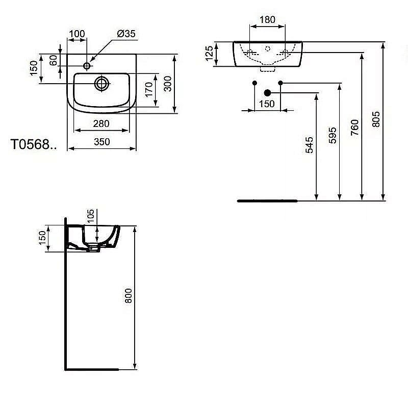 Раковина подвесная Ideal Standard Tempo 35 T056901 белая купить в интернет-магазине Sanbest
