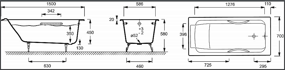 Ванна чугунная Jacob Delafon PARALLEL 150x70 купить в интернет-магазине Sanbest