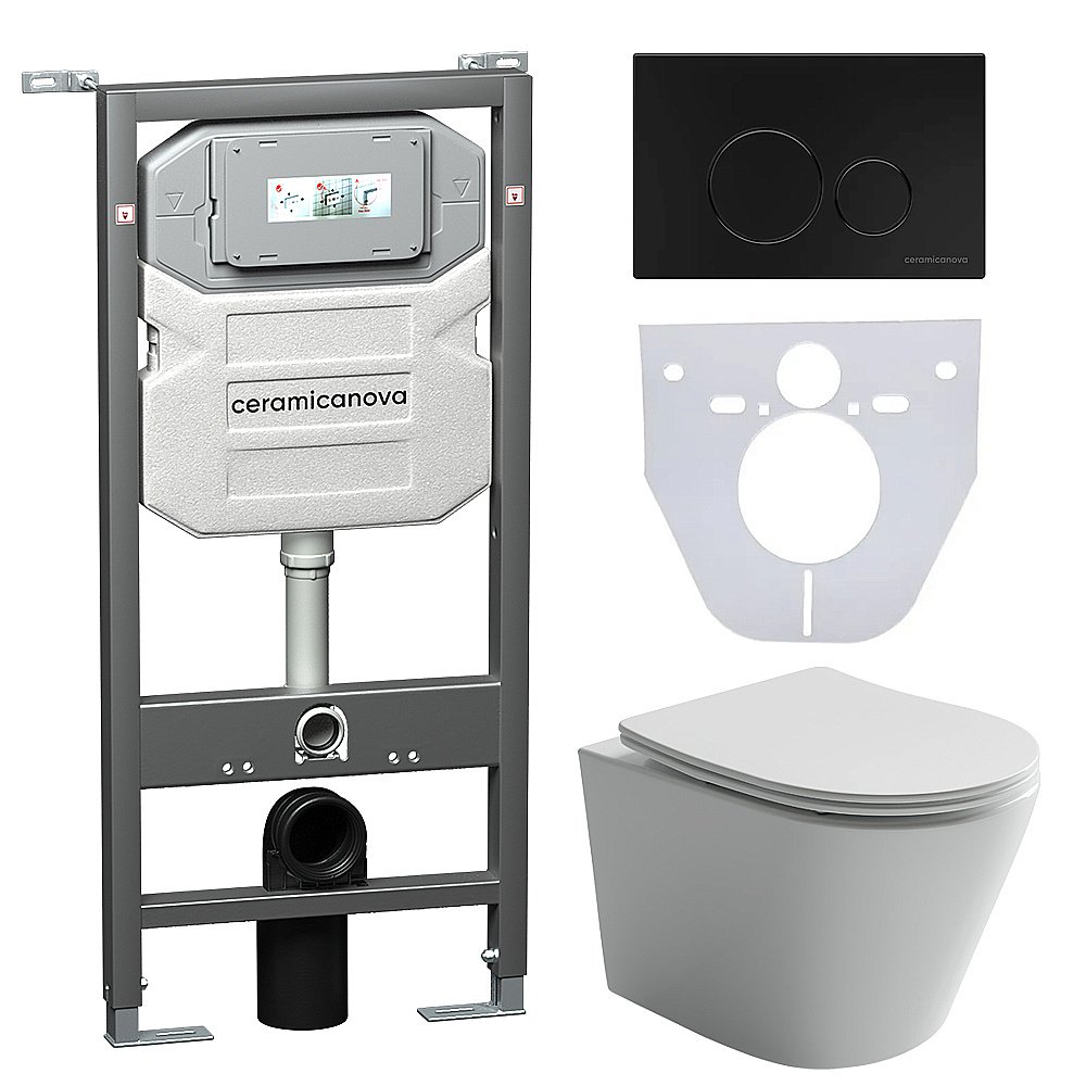 Унитаз подвесной Ceramica Nova Balearica CN6000_1001B_1000 безободковый, с крышкой микролифт, с инсталляцией и черной матовой кнопкой купить в интернет-магазине Sanbest