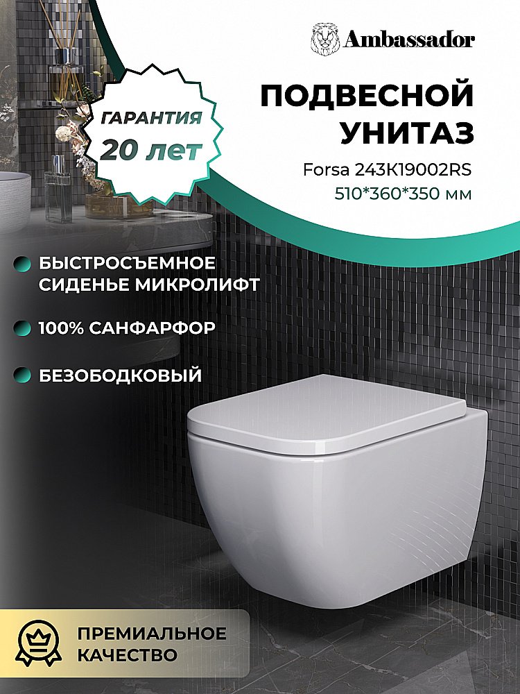 Унитаз подвесной Ambassador Forsa 243K19002RS безободковый, с крышкой микролифт, белый купить в интернет-магазине Sanbest