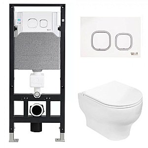 Унитаз подвесной WeltWasser AMBERG 506 + ERLENBACH 004 GL-WT + AMBERG RD-WT белый глянцевый, безободковый, с крышкой микролифт, с инсталляцией и белой кнопкой купить в интернет-магазине Sanbest