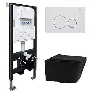 Унитаз подвесной Abber Rechteck AC1201MB-AC0105-AC0121MW черный матовый, безободковый, с инсталляцией, с крышкой микролифт, с белой матовой кнопкой купить в интернет-магазине Sanbest
