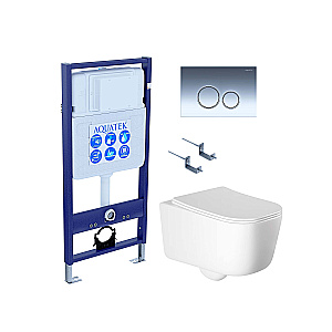 Унитаз подвесной Aquatek ЛУГАНО AQ2002-00+INS-0000012+KDI-0000018+KKI-0000002 белый, безободковый, с крышкой микролифт, с инсталляцией и кнопкой хром глянцевый купить в интернет-магазине Sanbest
