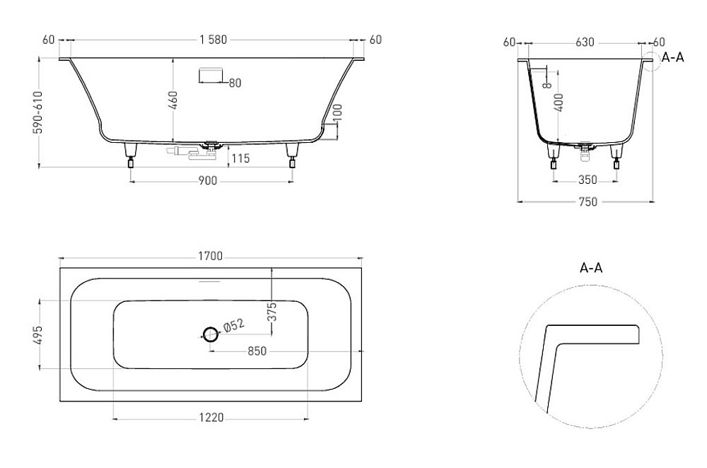 Ванна Salini Orlanda AXIS KIT S-Stone 170x75 103323M белая матовая купить в интернет-магазине Sanbest