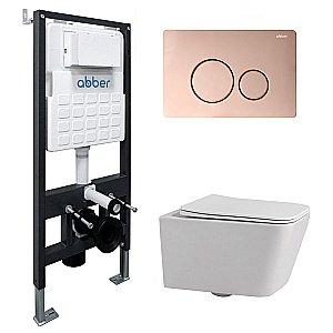 Унитаз подвесной Abber Rechteck AC1201-AC0105-AC0121RG белый, безободковый, с инсталляцией, с крышкой микролифт, с кнопкой золото розовое купить в интернет-магазине Sanbest