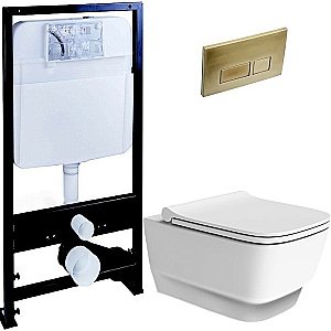 Унитаз Boheme Bello 971-MW с инсталяцией и кнопкой 664-MG белый матовый/матовое золото, безободковый купить в интернет-магазине Sanbest