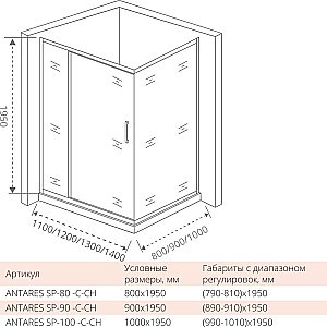 Душевой уголок Good Door Antares WTW+SP+SP 110х100 стекло прозрачное/профиль хром купить в интернет-магазине Sanbest