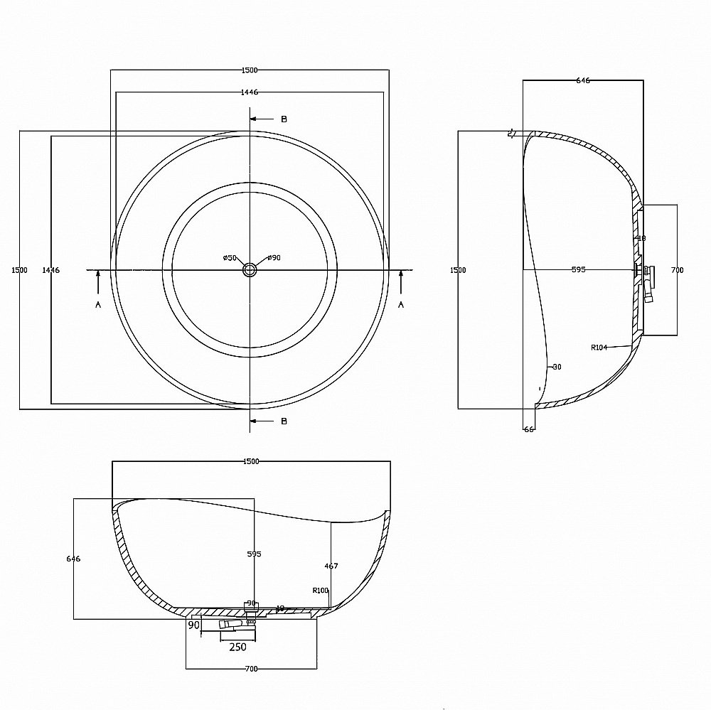 Ванна ABBER Kristall 150х150 AT9705Onyx черная купить в интернет-магазине Sanbest