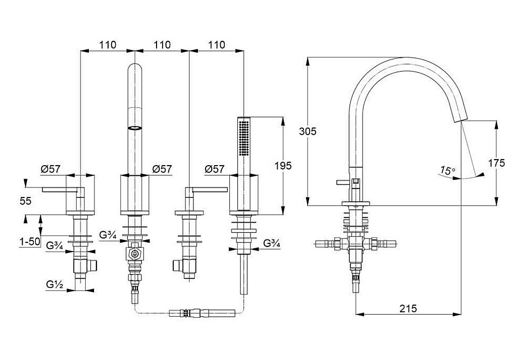 Смеситель для ванны KLUDI NOVA FONTE PURISTIC 204253915 черный матовый купить в интернет-магазине сантехники Sanbest