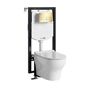 Унитаз подвесной WasserKRAFT Berkel 56TLT.010.ME.PG03.H001 безободковый, с инсталляцией Vils 56, с крышкой микролифт, белый/кнопка золото глянцевое купить в интернет-магазине Sanbest