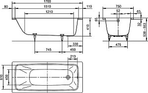 Ванна стальная Kaldewei Cayono 750 170х75 Antislip Perl-Effekt купить в интернет-магазине Sanbest