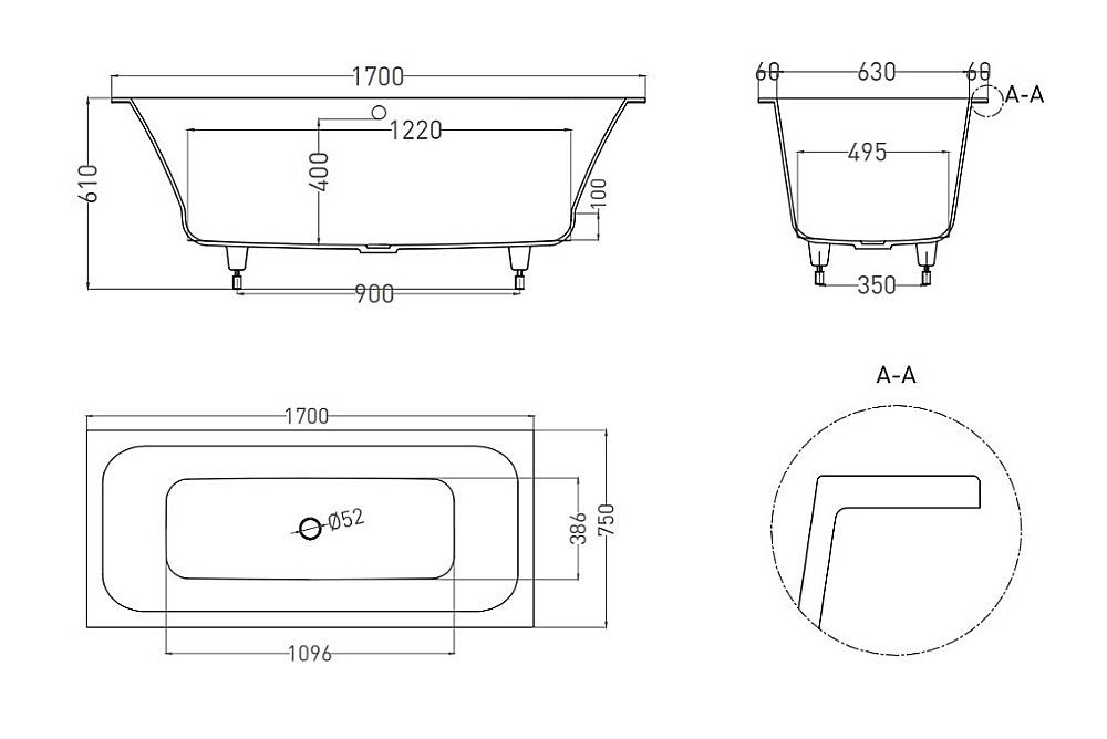 Ванна Salini Orlanda Axis S-Sense 170х75 103313M белая матовая купить в интернет-магазине Sanbest