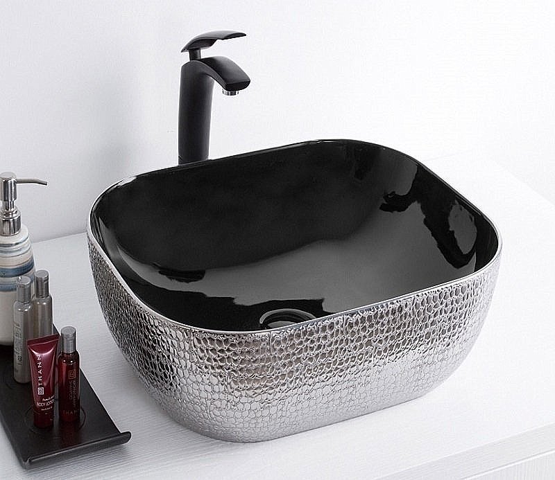 Раковина накладная Ceramalux NC 50 D1302H020 серебро, черная купить в интернет-магазине Sanbest