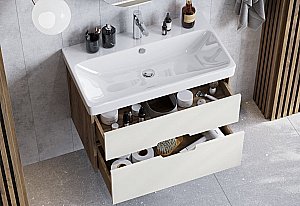 Тумба с раковиной Акватон Оливия 80 бежевая/дуб веллингтон для ванной в интернет-магазине Sanbest