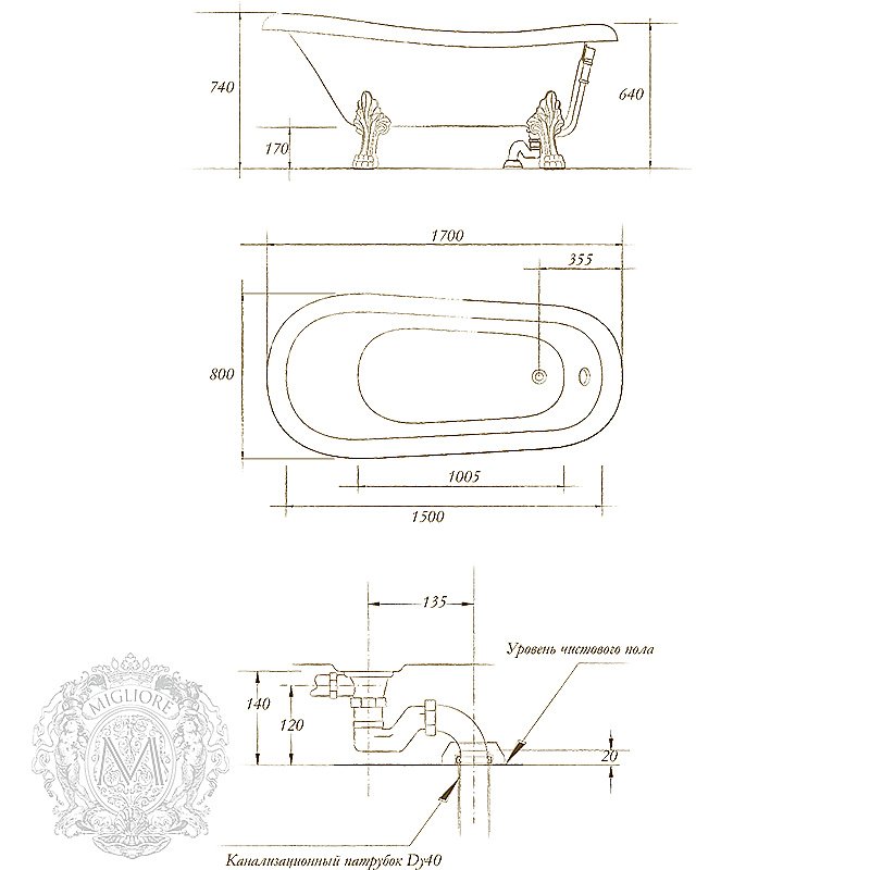 Ванна Migliore Bella DECOR на лапах MIGLIORE 25128 170х80 белая,золото купить в интернет-магазине Sanbest