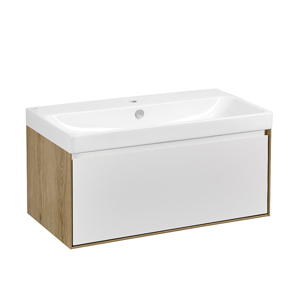 Тумба с раковиной Акватон Либерти 90 дуб эльвезия/белый глянец для ванной в интернет-магазине Sanbest