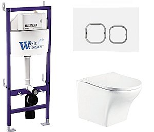 Унитаз подвесной WeltWasser BAMBERG 460+ODENBACH 004 GL-WT+BAMBERG WT белый глянцевый, безободковый, с крышкой микролифт, с инсталляцией и белой кнопкой купить в интернет-магазине Sanbest