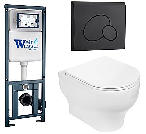 Унитаз подвесной WeltWasser MARBERG 410 + ERLENBACH 004 GL-WT + MAR 410 RD MT-BL белый глянцевый, безободковый, с крышкой микролифт, с инсталляцией и черной матовой  кнопкой купить в интернет-магазине Sanbest