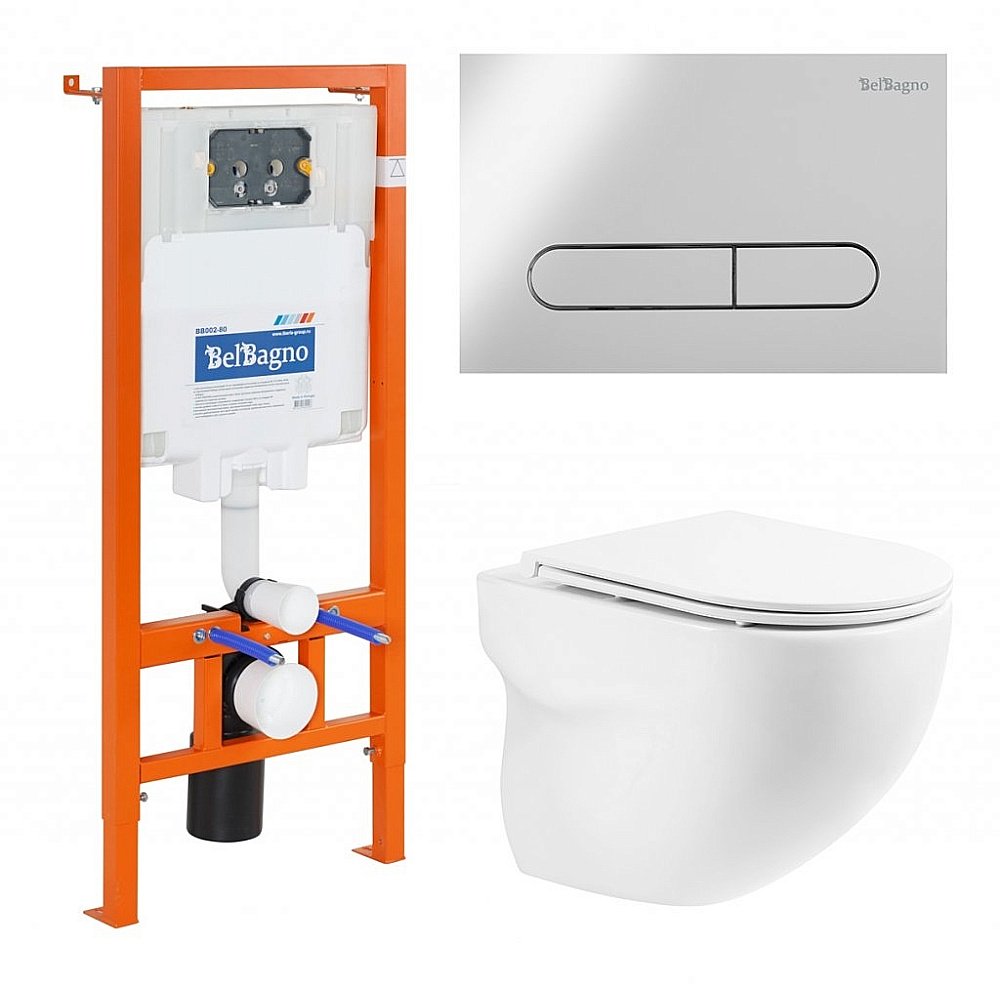 Унитаз подвесной BelBagno ONDA BB066CHR безободковый, с крышкой микролифт, с инсталляцией и кнопкой хром купить в интернет-магазине Sanbest