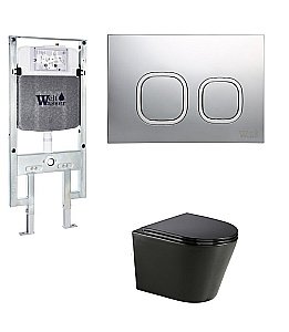 Унитаз с инсталляцией WeltWasser AMBERG 497 ST+SALZBACH 043 GL-BL+AMBERG RD-MT CR черный/кнопка матовый хром, безободковый, с крышкой микролифт, слив торнадо купить в интернет-магазине Sanbest