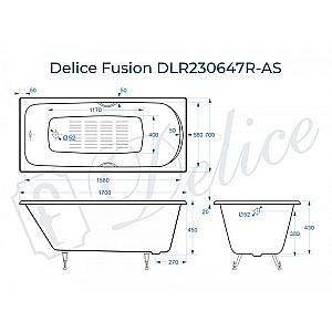 Ванна чугунная Delice Fusion DLR230647R-AS 170х70 белая, с антискользящим покрытием и с отверстиями под ручки купить в интернет-магазине Sanbest