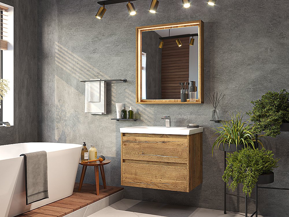 Зеркало с LED-подсветкой Misty DALLAS 70x80 Дуб Галифакс/олово в ванную от интернет-магазине сантехники Sanbest