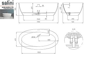 Ванна Salini ALDA NUOVA Up&Down S-Stone Solix 175х91 101911SMRH белая/снаружи RAL матовая купить в интернет-магазине Sanbest