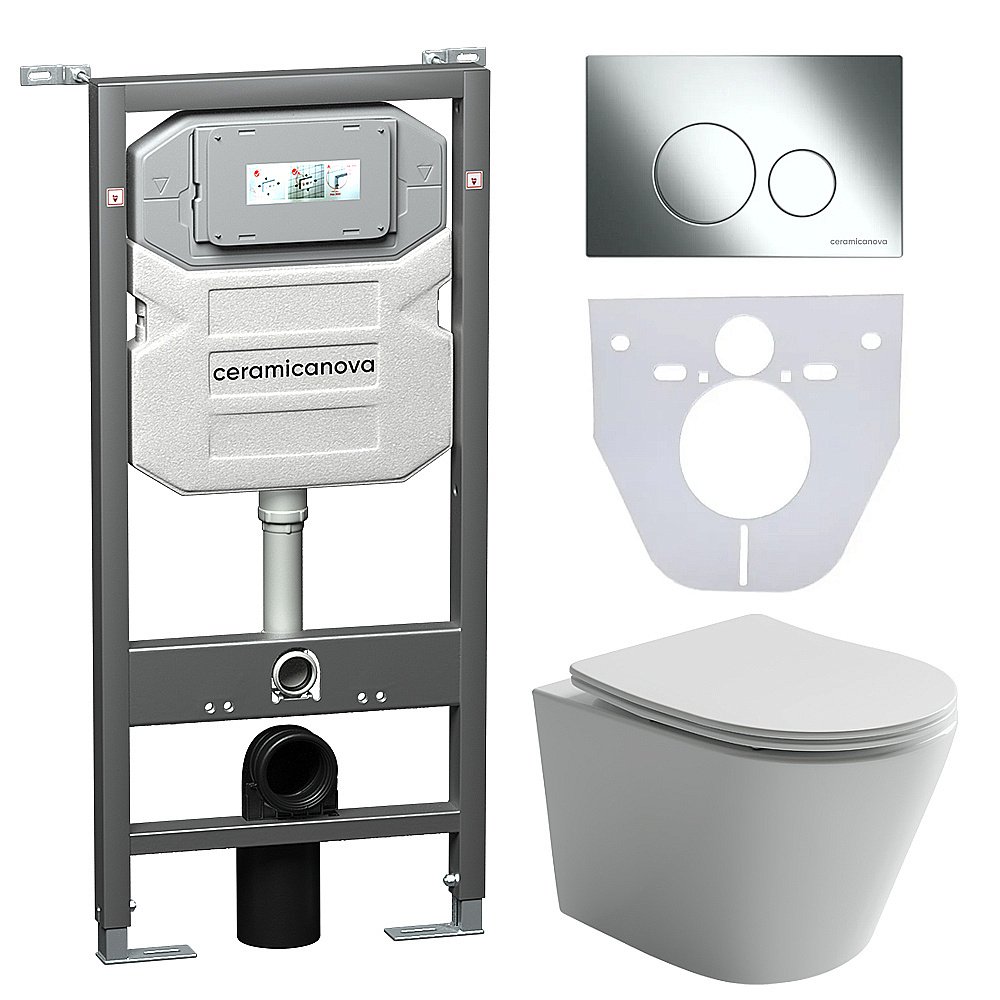 Унитаз подвесной Ceramica Nova Balearica CN6000_1001CH_1000 безободковый, с крышкой микролифт, с инсталляцией и кнопкой хром купить в интернет-магазине Sanbest