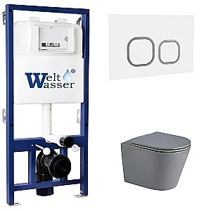 Унитаз с инсталляцией WeltWasser BAMBERG 525+SALZBACH 041 MT-GR+BAMBERG WT серый матовый/кнопка белая, безободковый, с крышкой микролифт, слив торнадо купить в интернет-магазине Sanbest