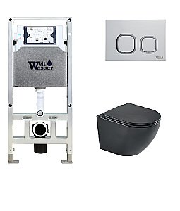 Унитаз подвесной WeltWasser AMBERG 506 ST + HEIMBACH 043 MT-BL + AMBERG RD-WT черный матовый, безободковый, с крышкой микролифт, слив-торнадо, с инсталляцией и белой кнопкой купить в интернет-магазине Sanbest
