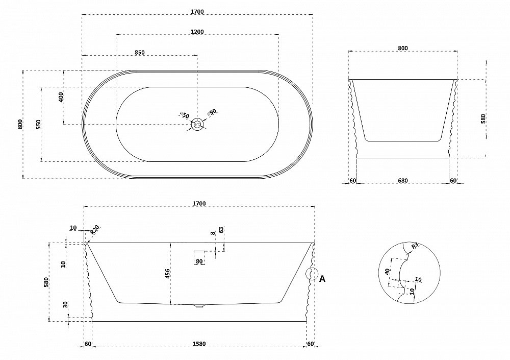 Ванна Abber Stein 170x80 AS9650 белая матовая купить в интернет-магазине Sanbest