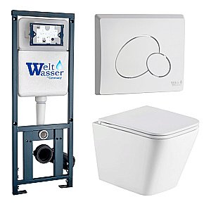 Унитаз подвесной WeltWasser MARBERG 410 + GELBACH 043 GL-WT + MAR 410 RD GL-WT белый глянцевый, безободковый, с крышкой микролифт, слив-торнадо, с инсталляцией и белой глянцевой кнопкой купить в интернет-магазине Sanbest