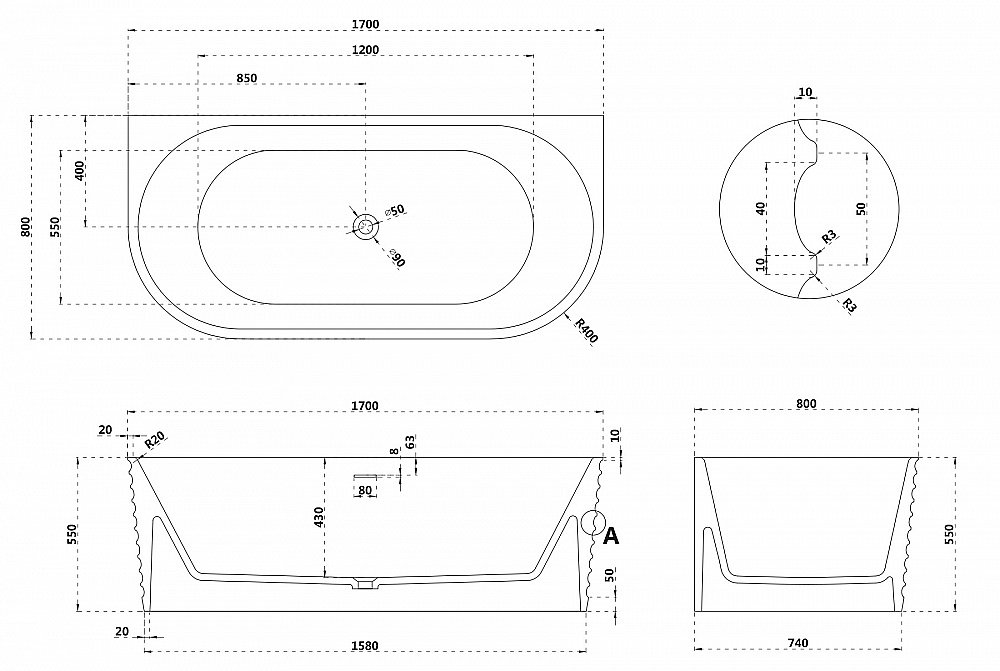 Ванна Abber Stein 170x80 AS9652 белая матовая купить в интернет-магазине Sanbest