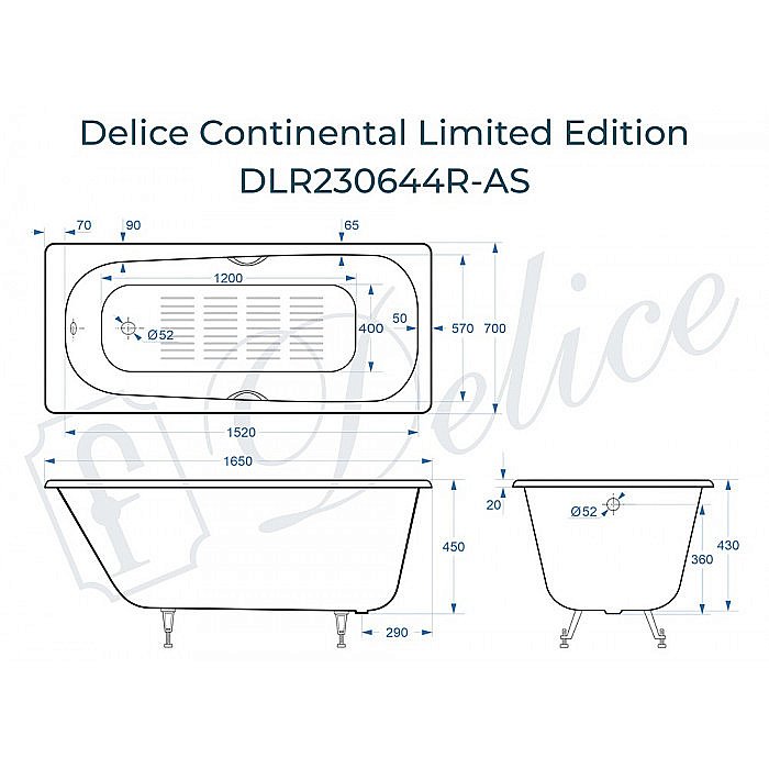 Ванна Delice Continental Limited Edition Elite DLR230644R-AS 165х70 белая купить в интернет-магазине Sanbest